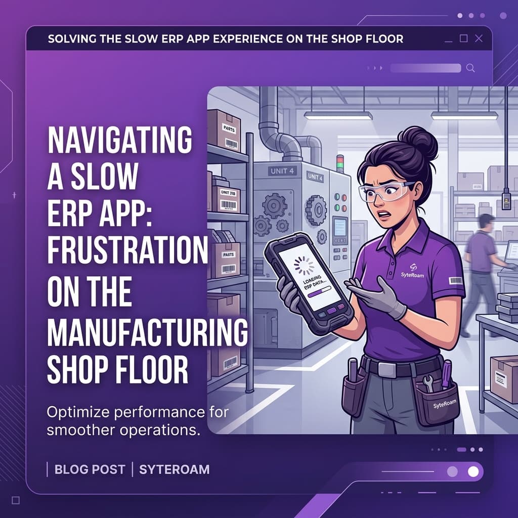 Shop floor worker frustrated with a slow mobile ERP app showing loading indicator on the factory floor