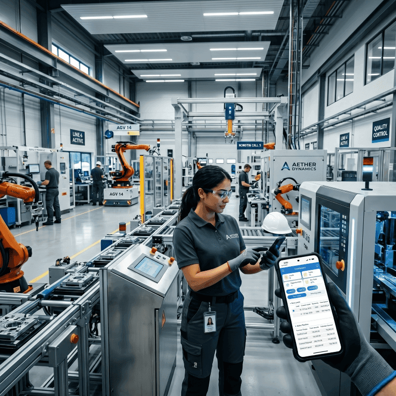 Worker using mobile ERP app on smartphone in manufacturing plant
